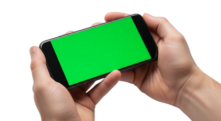 A pair of hands are holding a modern mobile phone with a vibrant green screen, ready for display.