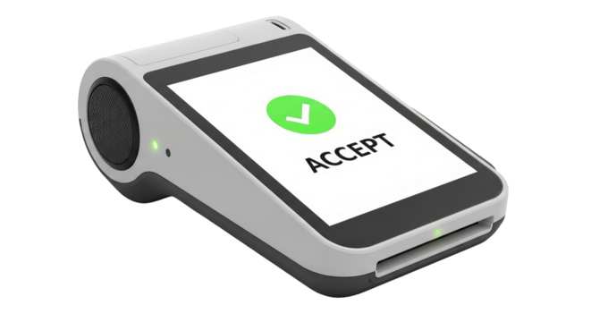 A white and gray payment terminal displays an 'Accept' confirmation with a green checkmark icon.
