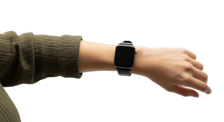 A sleek smartwatch is displayed on a wrist, paired with an olive green garment sleeve visible.