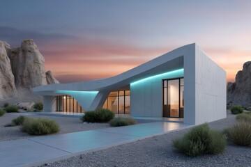Fototapeta premium Modern desert house with curved design at sunset