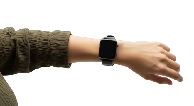 A sleek smartwatch is displayed on a wrist, paired with an olive green garment sleeve visible.