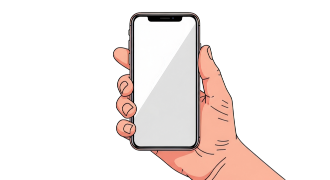 Illustrated hand holding a blank white mobile phone, promoting technology with empty screen space.