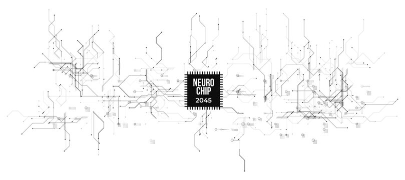 Neural network abstract circuit minimalist white background. Monochrome digital scheme with processor, CPU, GPU, microchip, data system, cyber technology, machine learning design. Vector illustration