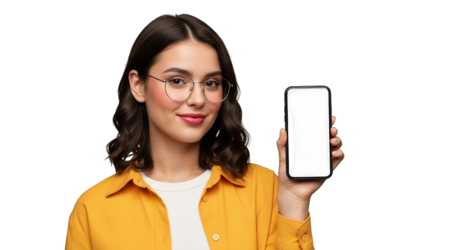 Smiling woman with glasses presents smartphone with blank white screen for advertisement on white