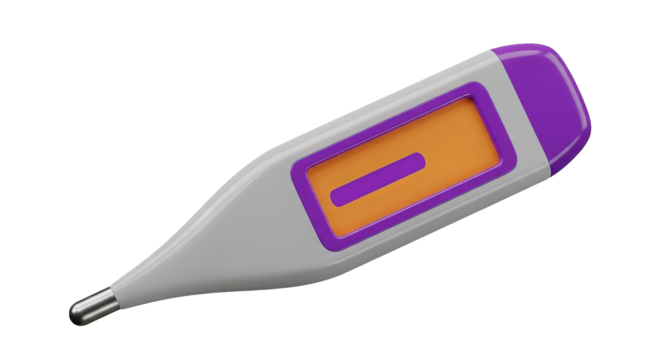 Digital thermometer in white and purple, with an orange LCD on a black background, a medical tool.