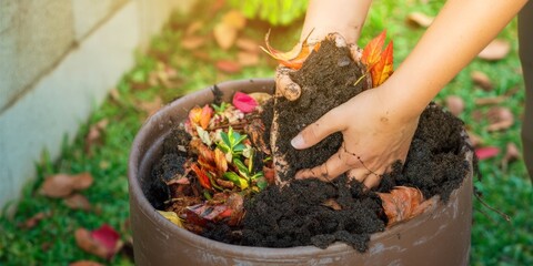 Person composting organic waste in a garden container.