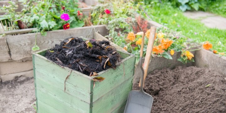Composting in a garden with flowers and gardening tools.