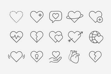 Linear icon set about hearts: love, health, passion, friendship, broken heart, heartbeat, arrow, globe, lock, and donation. Minimalist style, perfect for romance, relationships, and wellness projects.