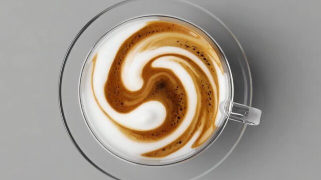 Aerial view of a beautifully crafted latte with swirling patterns, placed on a sleek surface