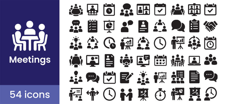 Business meeting and team conference glyph icons for online collaboration. This set includes symbols for presentation, communication, and corporate workshops.

