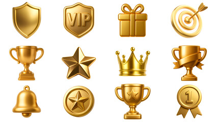 3D Golden Icon Set – Trophy, Medal, Crown, Star, Shield, VIP, and Award Symbols