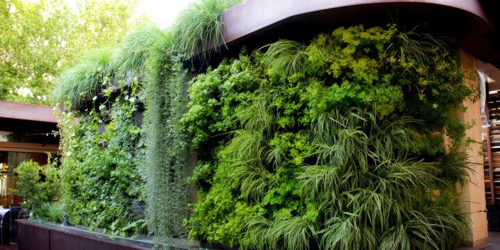 Lush green living wall with varied foliage and plants.