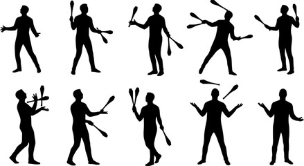silhouette figures, juggling clubs, circus performers, black and white illustration, contrasting shapes, dynamic poses, symmetrical composition, vector art style, minimalist design, performance art
