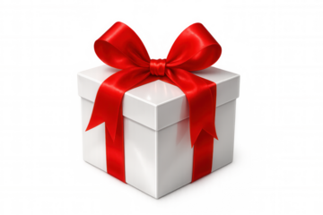 Glossy white gift box featuring vibrant red ribbon, symbolizing celebration moments against clean transparent backdrop for festive events