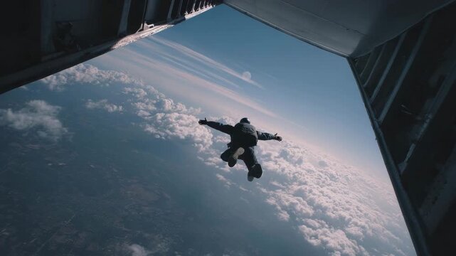 Skydiver leaps from airplane, experiencing thrilling freefall