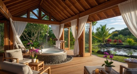 Fototapeta premium Tranquil outdoor spa gazebo with a hot tub, showcasing lush tropical landscaping and a serene pond view.
