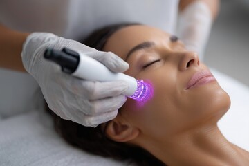 Woman relaxes receiving rejuvenating glowing light facial treatment on face for skin care, eyes closed.