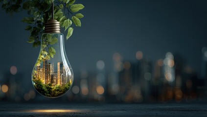 Green city lightbulb, sustainable concept