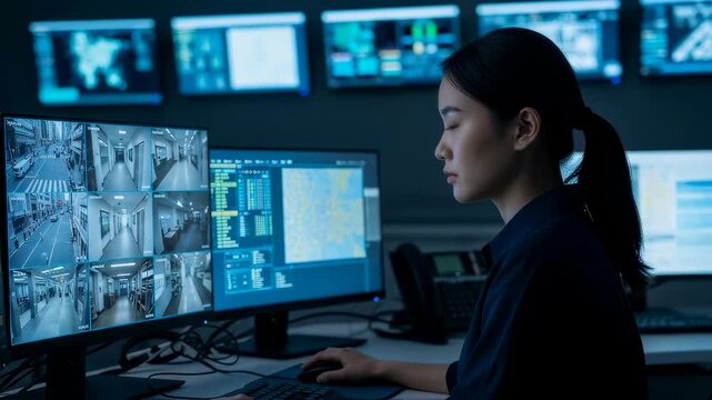 Young chinese woman monitoring security camera footage in a dark control room, surveillance concept, video animation