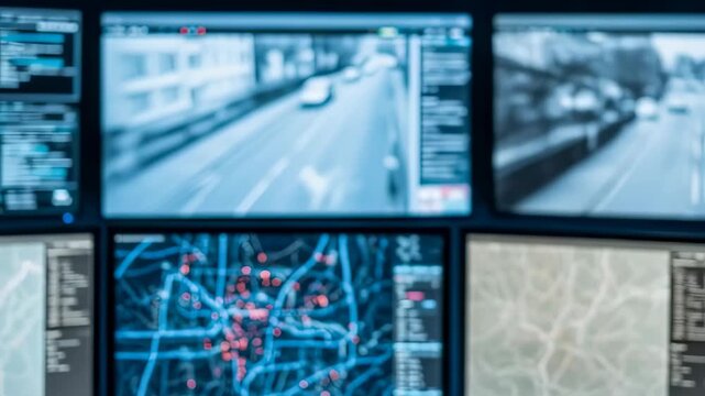 Man using walkie talkie while monitoring multiple real time surveillance camera screens with street view and city map footage.