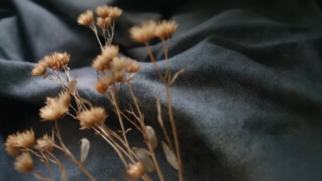 A bunch of dried flowers are on a blue cloth. The flowers are brown . Polyester fabric overlaying dead dry plant, sustainable fashion practices, dark caution muted background
