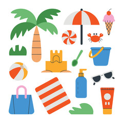Vector summer beach vacation clip art vector illustration with palm tree and beach accessories for graphic design