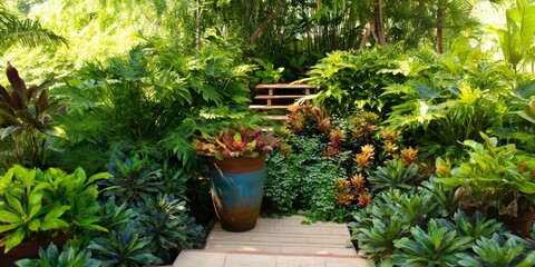 Serene garden pathway with lush greenery and vibrant flowers.