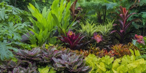 Fototapeta premium Vibrant tropical plants and flowers in a lush garden setting.