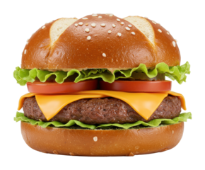 Delicious cheeseburger with fresh lettuce and tomatoes gourmet burger joint food bright lighting. Cut out PNG