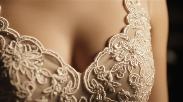 Close-up of an intricately designed lace bridal bodice showcasing delicate embroidery and textures