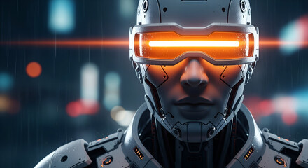 Futuristic robot face with glowing visor in a cyberpunk city