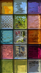 Colorful glass bricks forming a decorative wall