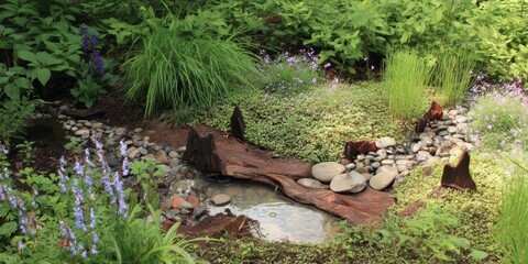 Fototapeta premium Serene garden pond surrounded by lush greenery and vibrant flowers.