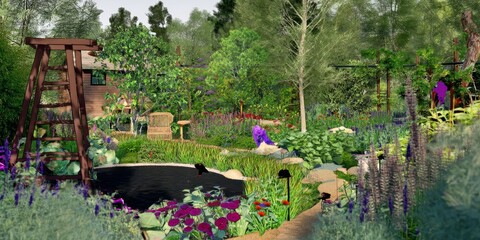 Serene garden landscape with lush greenery and vibrant flowers.