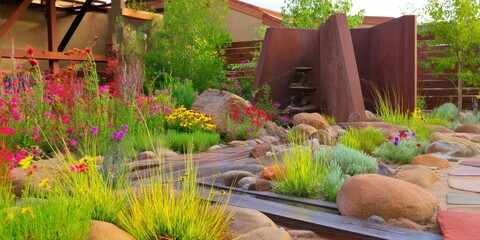 Vibrant garden with water feature and modern metal sculpture.