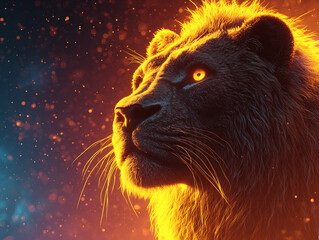 Naklejka premium 3D digital lion surrounded by glowing particles and abstract cosmic fractals