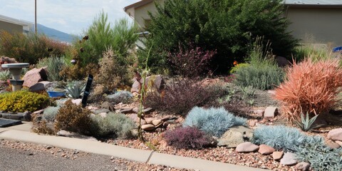 Xeriscaped front yard garden with succulents and rocks.