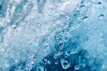 A macro view of frozen blue water with trapped air bubbles and intricate icy patterns.

