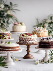Naklejka premium Assorted Cakes on Stands Including White Chocolate Mud Cake and Fruit Cream Layer Cake with Natural Colors on White Background