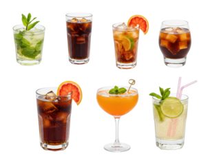 Refreshing cocktail variety showcase bar setting beverage bright lighting drink mixology. Cut out PNG