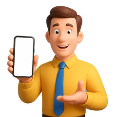 3d render. Cartoon character young man isolated on blue background. Guy wears yellow shirt, blue tie, looks at camera. Presentation concept. Successful businessman shows smart phone with blank screen.