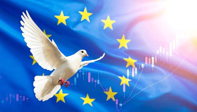 European Union flag, dove, and stock chart