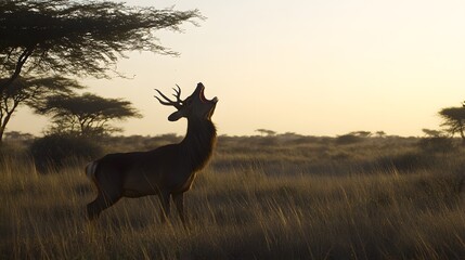 Naklejka premium Majestic Deer Yawning at Sunrise in Savannah Grassland