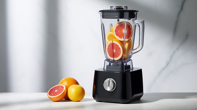 Black blender with citrus fruits on a marble countertop with shadows kitchen appliance