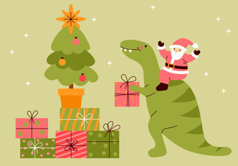 Christmas dinosaur with Santa Claus and gift box. Holiday New year design. Christmas tree, gifts. Xmas celebration. Decorated christmas tree with gift boxes, balls. Stack of colorful present gift boxe