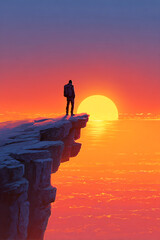 Fototapeta premium Backpacker standing at cliff edge, looking over dramatic sunset horizon