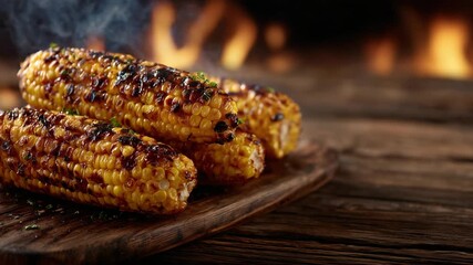 A rustic wooden table showcases three caramelized, charred grilled corn ears in golden afternoon light, capturing the essence of a summer cookout.