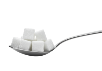 Adding sweetness of sugar cubes on spoon kitchen food minimalist setting high angle culinary concept. Cut out PNG
