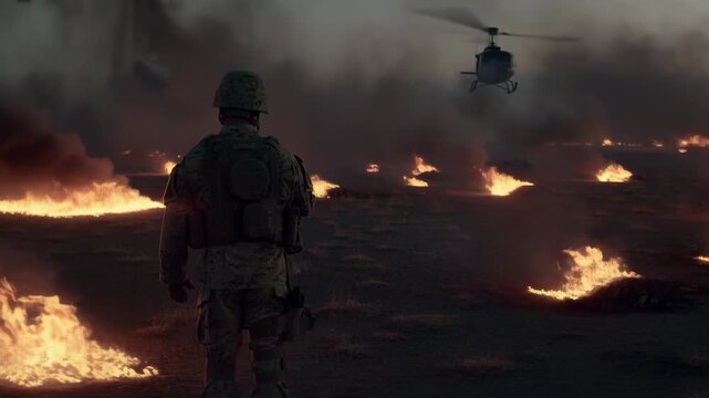 Soldier observes a burning oil field with a helicopter flying overhead and a large explosion in the background during a military operation