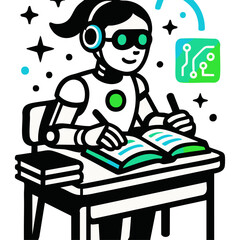 Robot Student in Desk – AI Learner Illustration